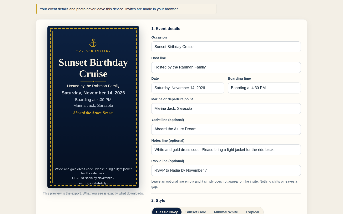 Finished Classic Navy invite for a Sunset Birthday Cruise at Marina Jack, Sarasota, shown beside the filled event form