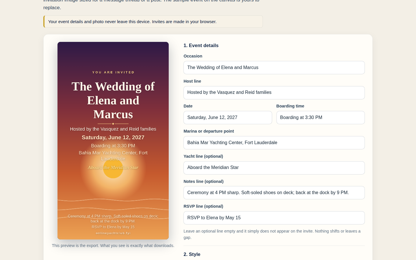 Finished Sunset Gold wedding invite for Elena and Marcus at Bahia Mar, Fort Lauderdale, shown beside the filled event form
